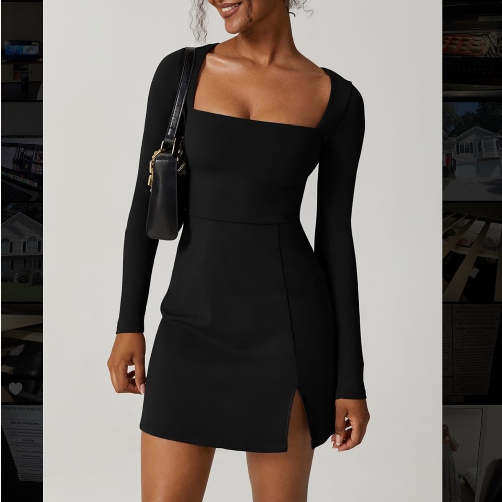 Womens Square Neck Bodice Dress Long Sleeve Side Slit Flare Mini Dress